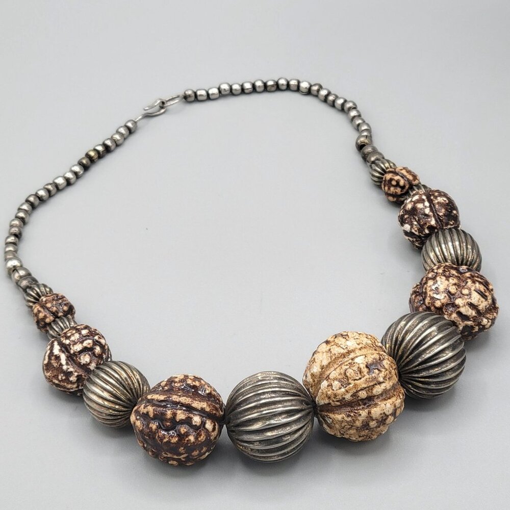 Chunky Large Brown Beaded Boho Necklace Textured Silver Beads Artisan Made 16"